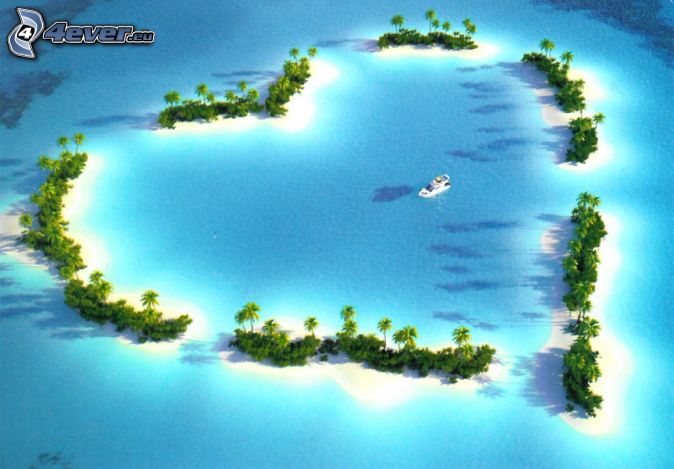 île en forme de coeur, mer tropicale, palmiers, yacht
